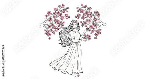 Woman with flowing hair and long dress holding cherry blossoms