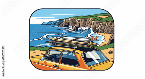 Yellow car loaded with surfboards drives towards a crashing ocean wave