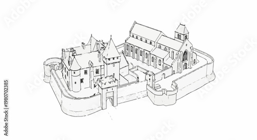 Detailed architectural sketch of a medieval castle complex with fortifications and a church