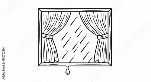 Window with curtains showing rain and a drip