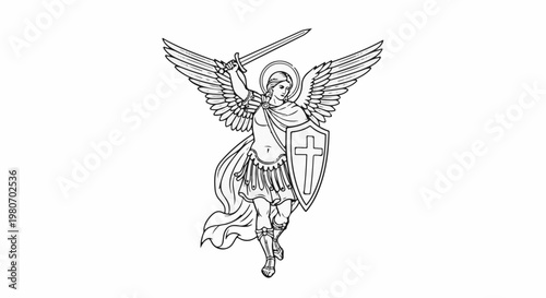 Winged warrior with sword and shield, halo, Roman armor, cape