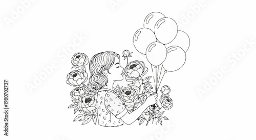 Woman smelling flowers holding balloons