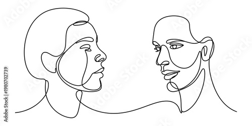 Minimalist continuous line drawing of two human faces facing each other in a simple art style Vector, illustration