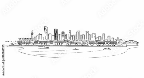 Line drawing of a city skyline with a waterfront and boats on the water