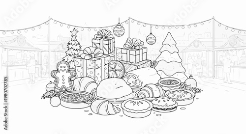 Winter market stall overflowing with festive treats, gifts, and trees