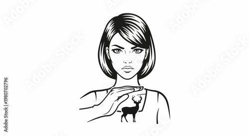 Woman's hands protectively cover a silhouette of a deer on her shirt
