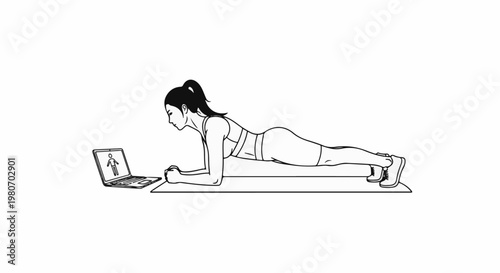 Woman doing a plank exercise while watching a workout video on a laptop