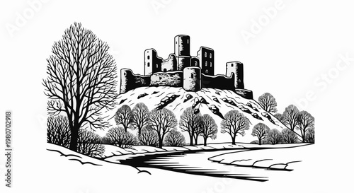 Winter scene with ancient castle ruins atop a snowy hill and a winding river