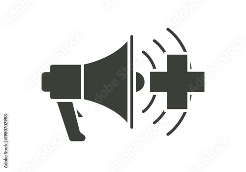 Megáfono emitiendo ondas de sonido hacia una cruz médica que simboliza la comunicación de emergencias y avisos de salud pública