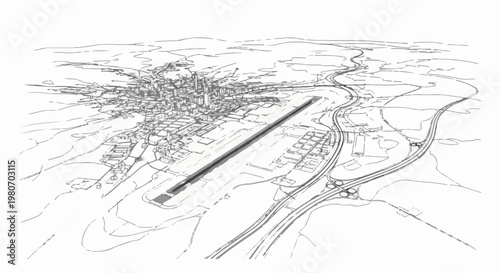Wireframe aerial view of an airport and surrounding urban and rural landscape