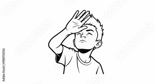 Young boy shielding eyes from bright light with hand