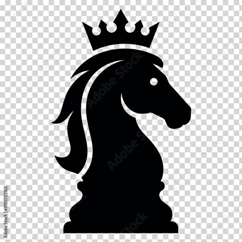 Black knight chess piece with crown, vector knight icon, chessboard symbol, game illustration