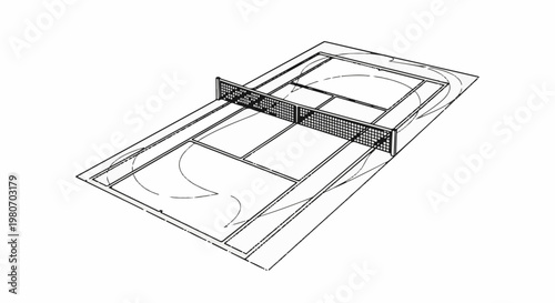Wireframe illustration of a tennis court with a net and boundary lines