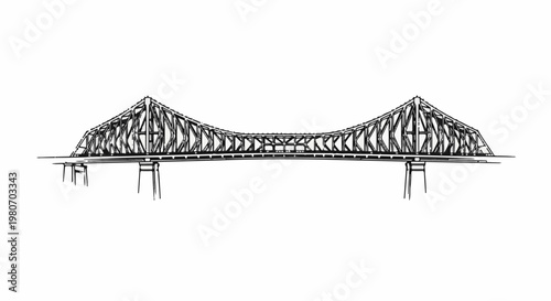 Wireframe sketch of a large metal truss bridge on concrete supports