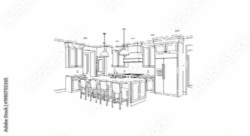 Wireframe sketch of a modern kitchen with island and seating
