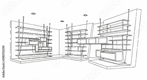 Wireframe sketch of a modern retail display unit with multiple shelves