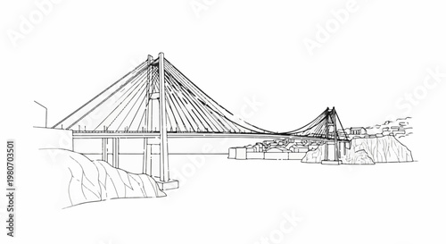 Wireframe sketch of a suspension bridge with towers, cables, and a coastal city