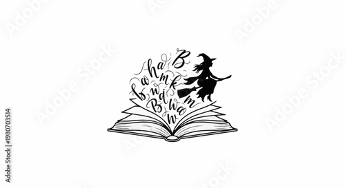 Witch flying out of an open book with flowing letters