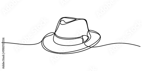 A continuous line drawing of a person wearing a bucket hat while crouching and using a smartphone Vector, illustration