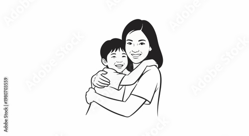 Woman and child hugging with smiles