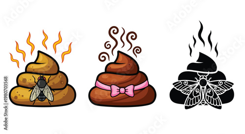 Set of three cartoon-style poop emojis with different expressions and accessories, humorous and playful illustration