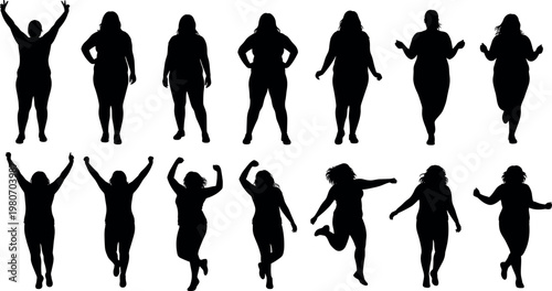 Plus size curvy women silhouette vector set featuring active happy female figures jumping and posing for body positivity design projects.