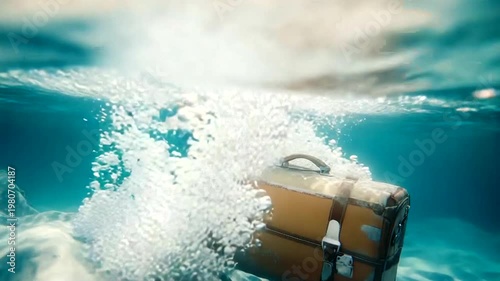 Underwater scene featuring a submerged suitcase with bubbles rising around it in clear water