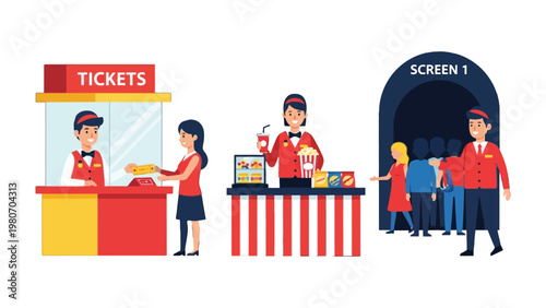 A Day at the Cinema: A vibrant scene unfolds at the movie theatre as customers gather to buy snacks, tickets, and settle into their seats for an enjoyable movie experience.