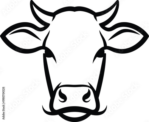 A bold, minimalist black outline of a cow's head, featuring horns, ears, and a distinct snout, suitable for farm or food branding.
