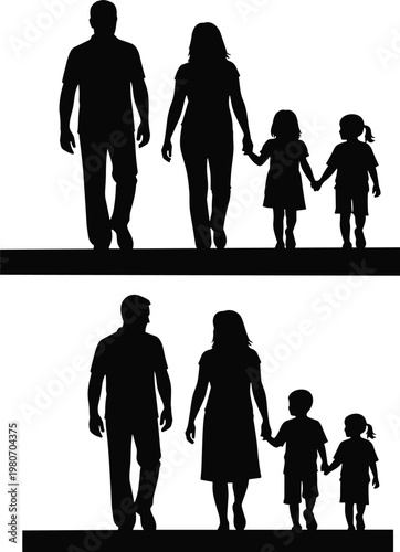 Family silhouettes set, parents with children walking holding hands, happy family poses, isolated black silhouettes, love lifestyle concept illustration