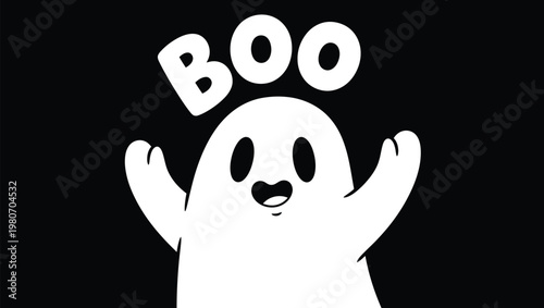 A playful cartoon ghost with wide eyes and outstretched arms, exclaiming 'BOO' against a stark black background, representing a friendly and lighthearted scare.
