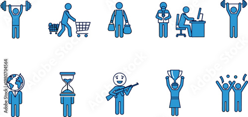 Human activity icons set, blue pictograms collection, work shopping fitness success global time weapon symbols, modern flat vector illustration
