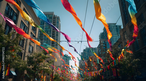 Rainbow banners and streamers decorate a city street under a clear blue sky, celebrating pride and diversity with colorful flags, movement, sunlight, and urban architecture