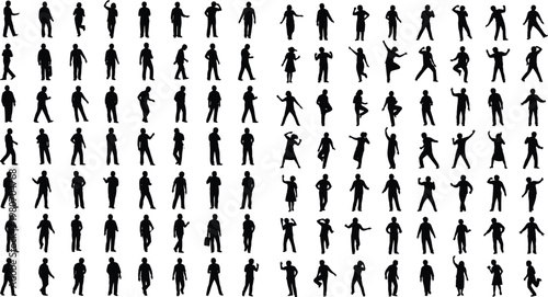 People silhouettes mega collection, men women various poses set, standing walking dancing figures, isolated black silhouettes, lifestyle activity concept illustration