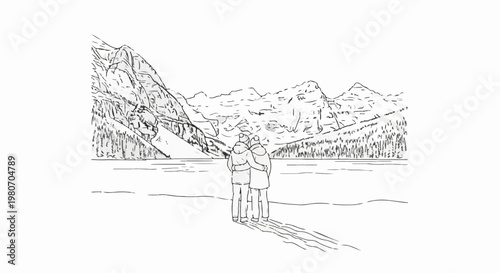 Two people embrace by a lake, viewing majestic mountains and evergreen trees