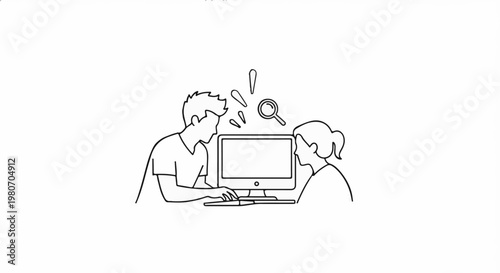 Two people collaborate on a computer, with search and exclamation symbols