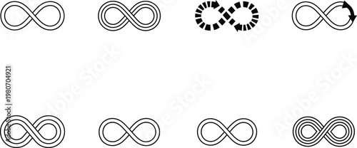 Multiple infinity symbol variations are displayed in a grid formation against a clean white backdrop.