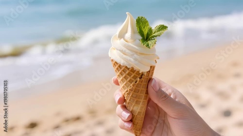 Close-up shows creamy vanilla ice cream in a waffle cone topped with fresh mint leaf, held by a female hand against a blurred sandy beach and gentle ocean waves