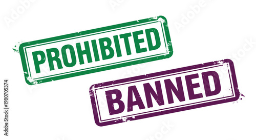 Close-up of Prohibited and Banned stamps in green and purple ink on white background for restriction symbols