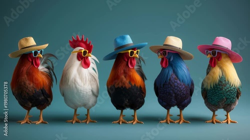 Five brightly colored chickens stand side by side wearing sunglasses and straw hats against a clean blue background, creating a funny, stylish and whimsical fashion concept scene.