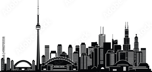 Toronto Canada Skyline Silhouette Featuring CN Tower Rogers Centre and Ontario Cityscape Architecture, Urban Horizon Vector Graphic for Travel Design,