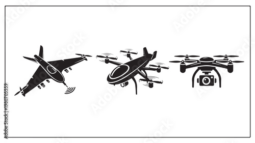 Three Drones Flying In Different Positions For Technology And Innovation Concepts