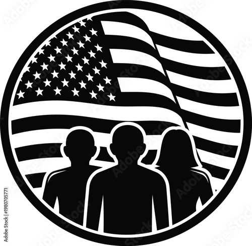 Circular emblem featuring silhouettes of three people standing in front of a waving American flag, symbolizing patriotism and unity.