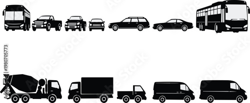 Transportation vehicle silhouette set including bus, truck, van, car, concrete mixer, delivery transport, automotive icons collection, heavy machinery, urban logistics vector.