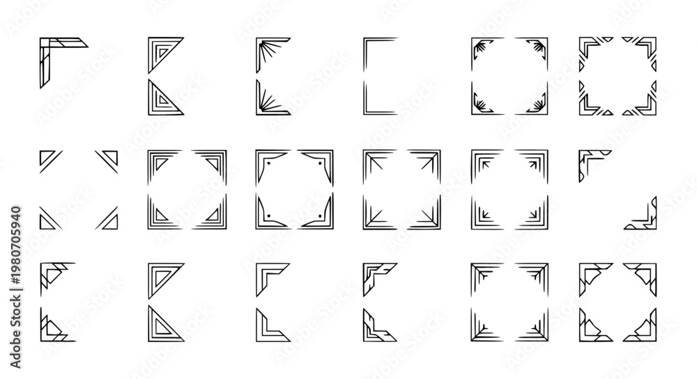 Fototapeta premium Modern geometric corner frame vector set with minimalist line border decoration