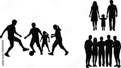 People silhouettes set, family walking and kids playing football, group standing together, isolated black silhouettes, lifestyle activity concept illustration