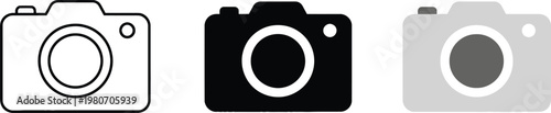 Multiple camera icons in different styles: outline, solid black, and grayscale, representing photography and technology concepts.