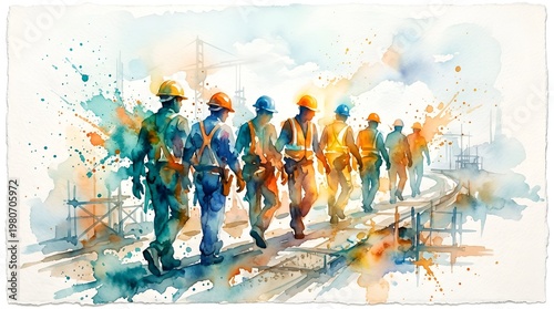 Construction Workers Teamwork Art for Labour Day watercolor
