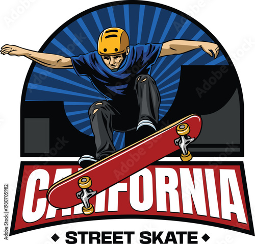 Retro California street skate badge featuring a skater doing a grind trick on a red board