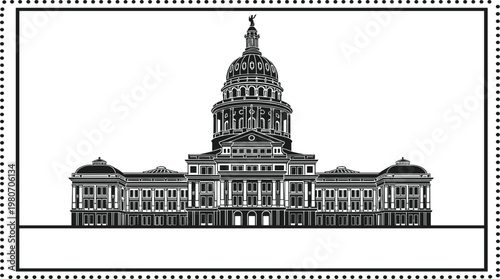 United States Capitol Building Silhouette Vector Illustration Featuring Government Architecture, Neoclassical Dome, Political Landmark Symbol, and Decorative Border Frame Design, Isolated